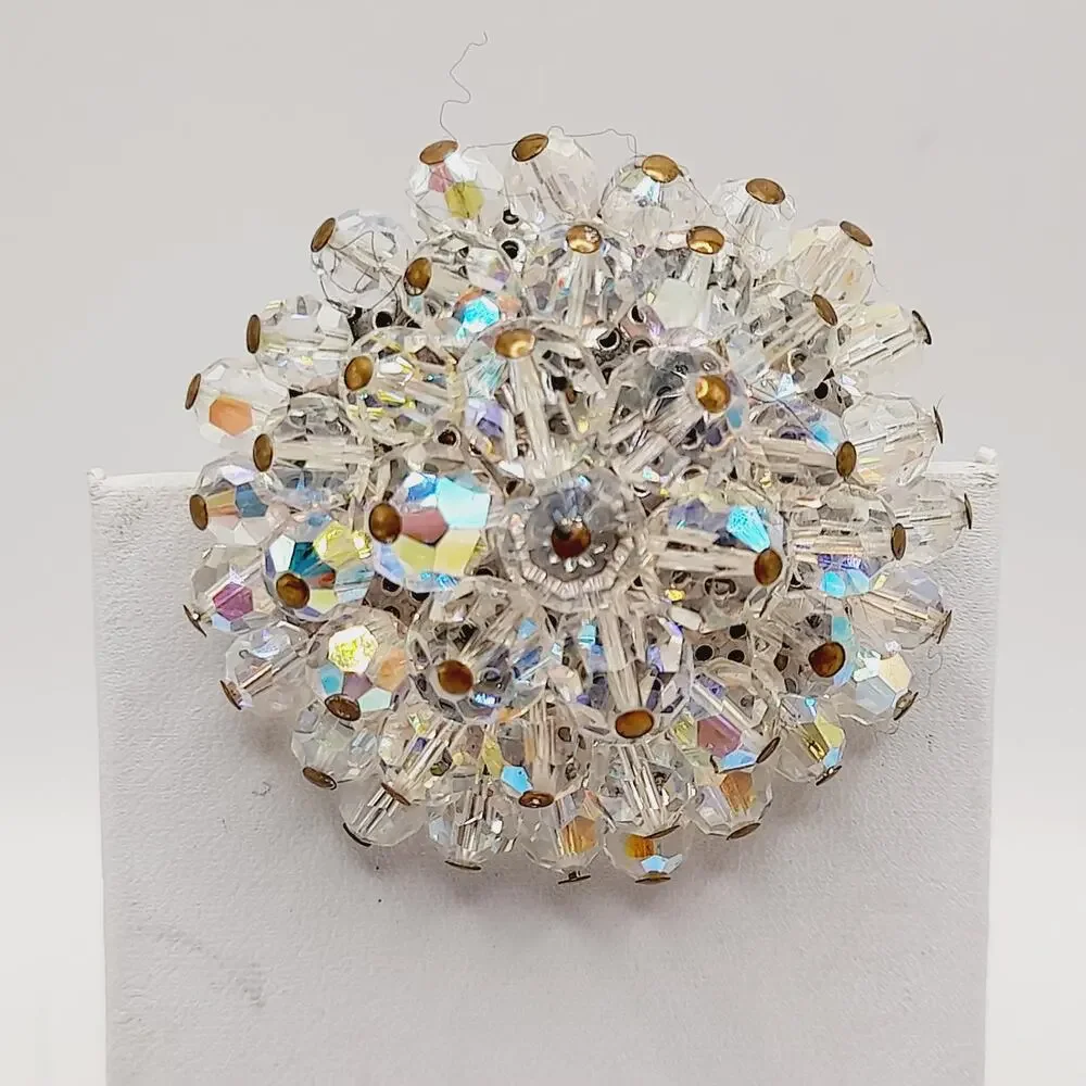 Vintage AB Crystal Beaded Brooch Clear Aurora Borealis Round 2 Inch 1960s